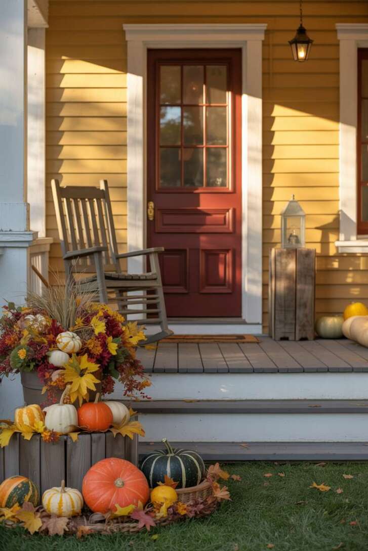 Front porch with autumn decorations including pumpkins, gourds, fall leaves in wooden planters, rocking chair, and vintage lantern