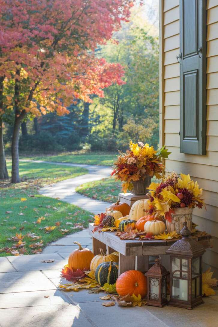 Fall front porch viewed across green lawn with pumpkin display on wooden bench, antique lanterns, and stone pathway bordered by maple trees
