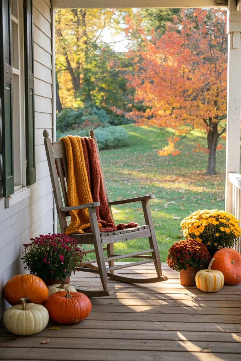 19 Gorgeous Fall Front Porch Decor Ideas to Welcome Guests 3 Rustic front porch with wooden rocking chair draped in orange and yellow throw blanket, surrounded by pumpkins and potted mums