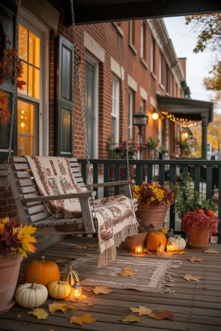 Front porch with vintage wooden swing, patterned quilt, pumpkins and gourds in terracotta pots, fairy lights, and brick townhouse backdrop