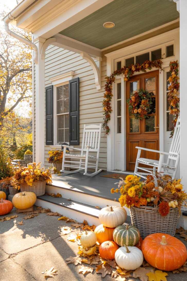 Two-story house front porch with white rocking chairs, autumn wreaths, garlands, and scattered pumpkins in various colors