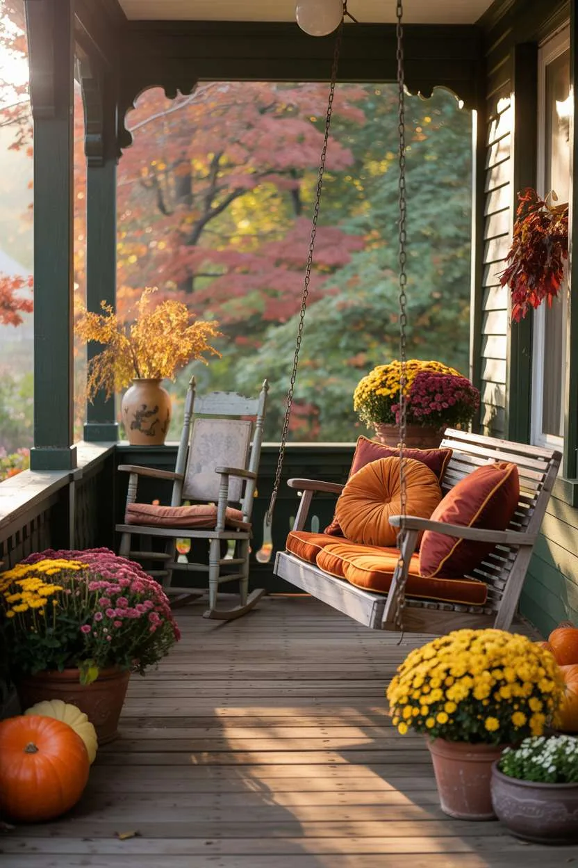 19 Gorgeous Fall Front Porch Decor Ideas to Welcome Guests 6 Victorian-era front porch with weathered wooden swing, orange and burgundy cushions, potted mums, pumpkins, and ceramic vase with goldenrod