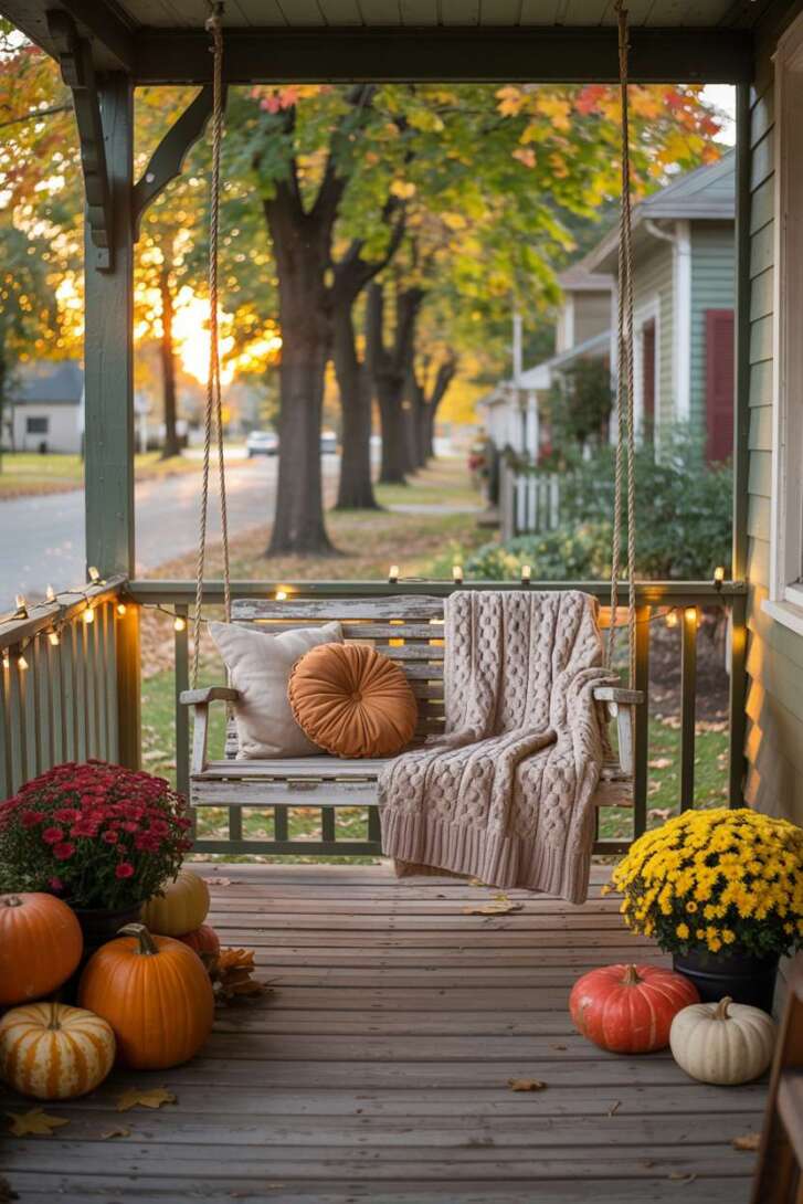Fall front porch with weathered wooden swing, knitted blanket, orange pillows, string lights on railing, and maple trees in background
