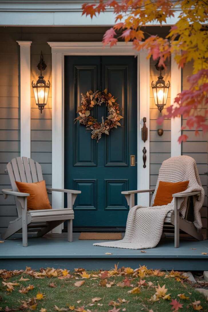 Front porch with deep teal door, antique lanterns, dried leaf wreath, Adirondack chairs with cream blankets and burnt orange pillows