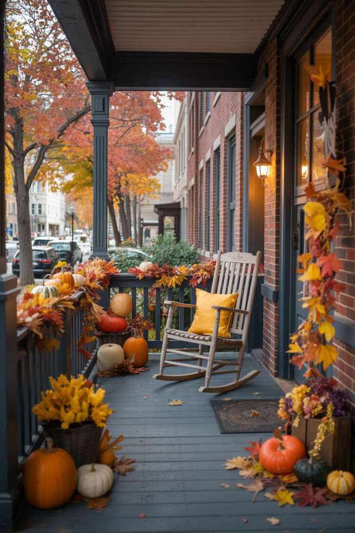 Urban front porch with pumpkins, gourds, autumn leaves on railing, wooden rocking chair, and warm window light