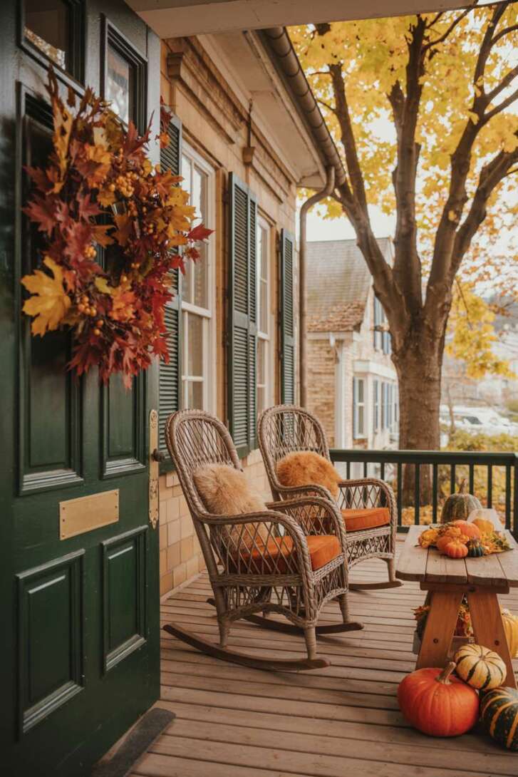 Wide front porch with dark green door, fall foliage wreath, vintage wicker rocking chairs with orange cushions, and rustic wooden table