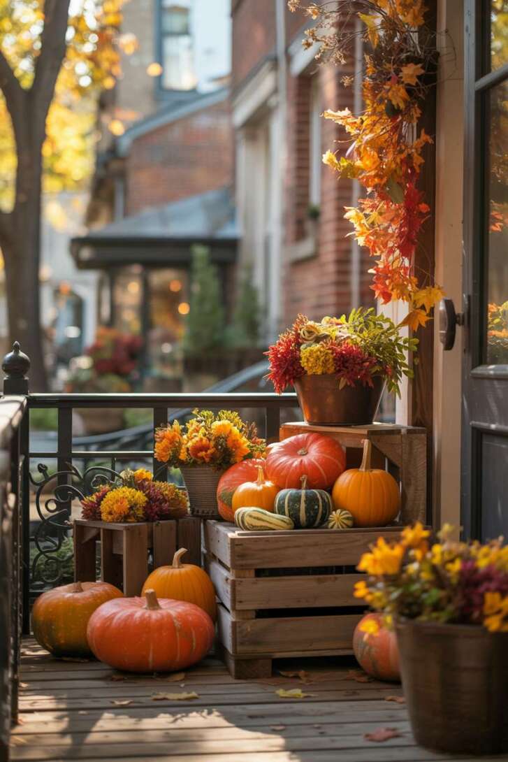 City front porch with pumpkins, gourds, and fall foliage in rustic wooden crates and pots along porch railing
