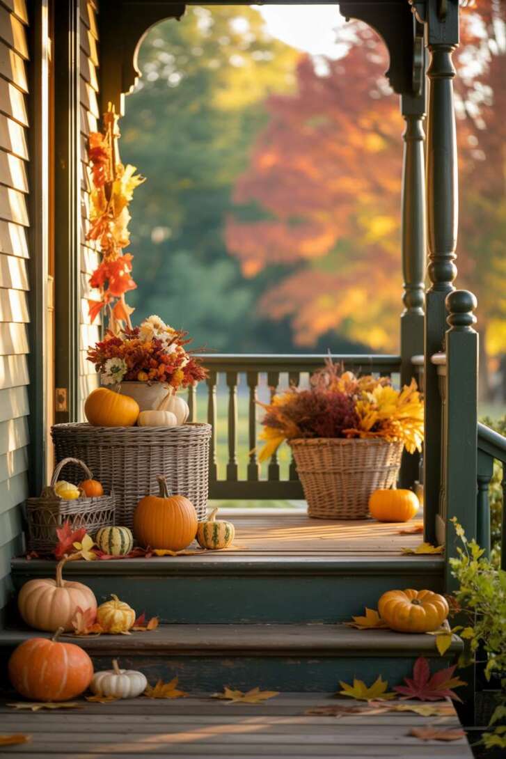 Victorian-style front porch with pumpkins, gourds, and fall foliage arranged on steps and in wicker baskets