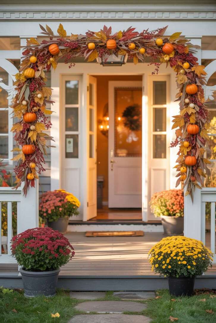 Fall front porch with garland on railing, burgundy and golden yellow potted mums flanking entrance, weathered stone floor
