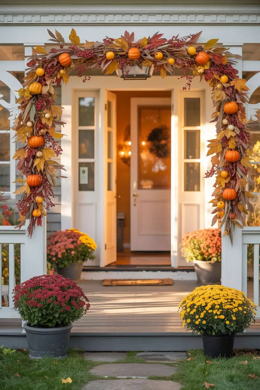 19 Gorgeous Fall Front Porch Decor Ideas to Welcome Guests 14 Fall front porch with garland on railing, burgundy and golden yellow potted mums flanking entrance, weathered stone floor