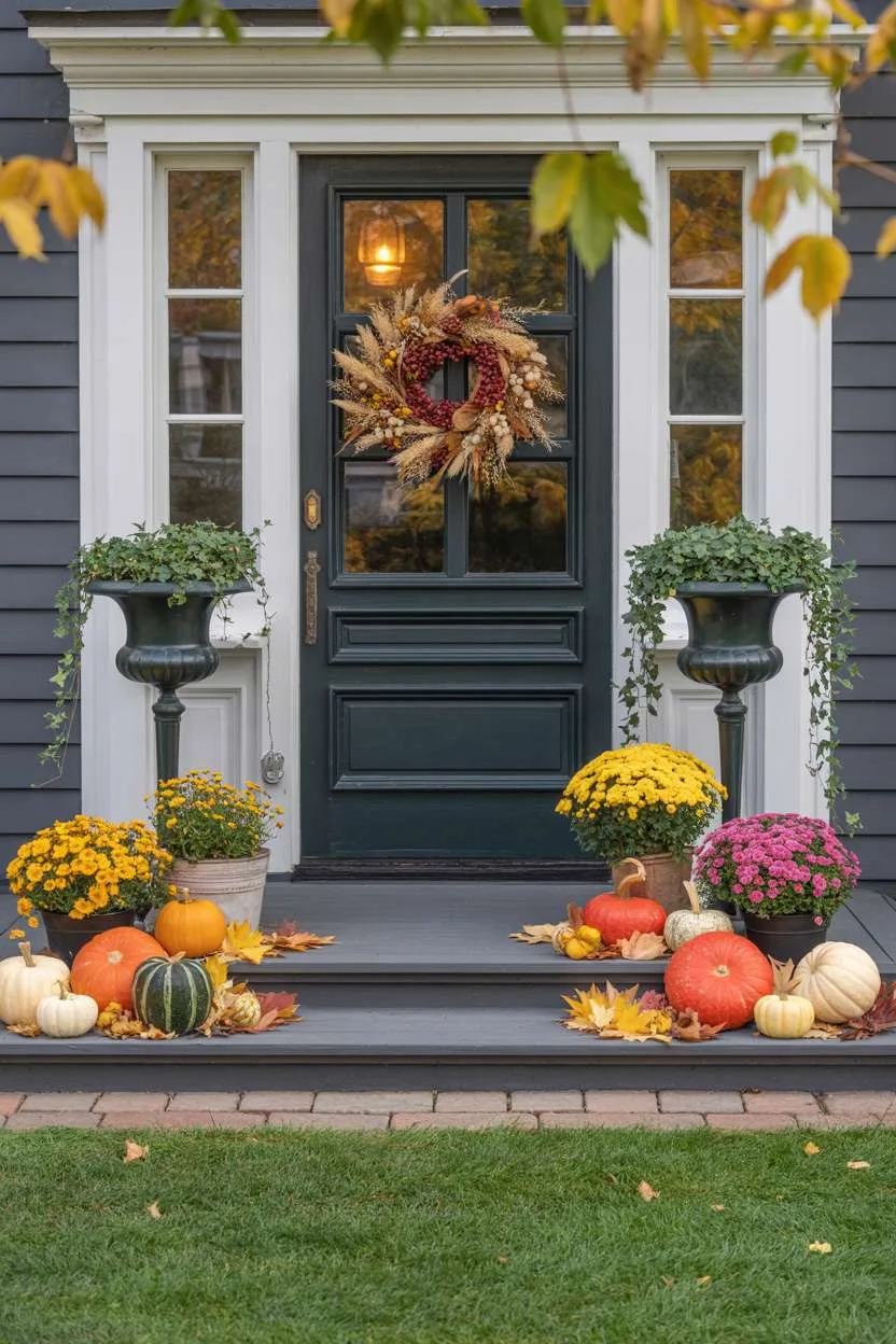 19 Gorgeous Fall Front Porch Decor Ideas to Welcome Guests 15 Fall front porch across lush lawn with pumpkin and gourd display on steps, wheat and berry wreath on door, dark green planters with ivy and chrysanthemums