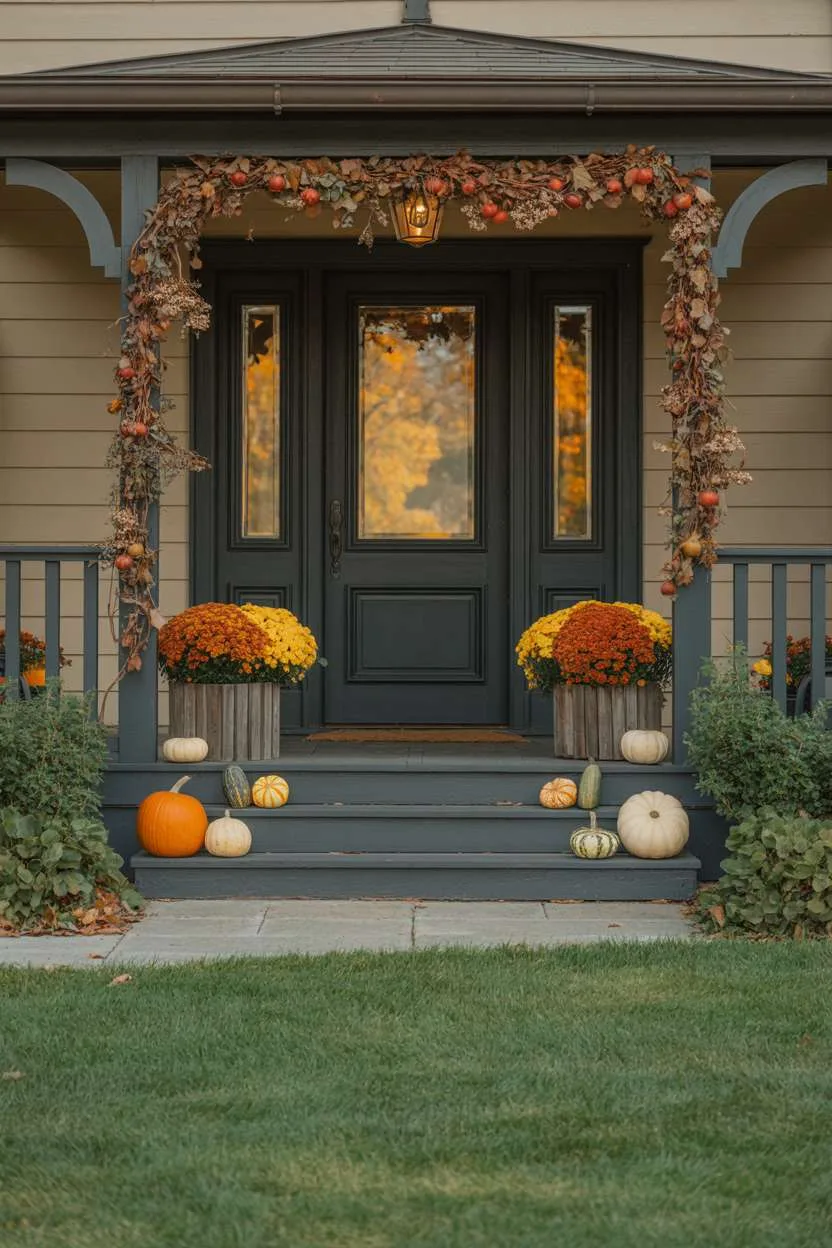 19 Gorgeous Fall Front Porch Decor Ideas to Welcome Guests 16 Fall front porch with dark green door, orange and yellow mums in wooden planters, dried leaf and berry garland on railing
