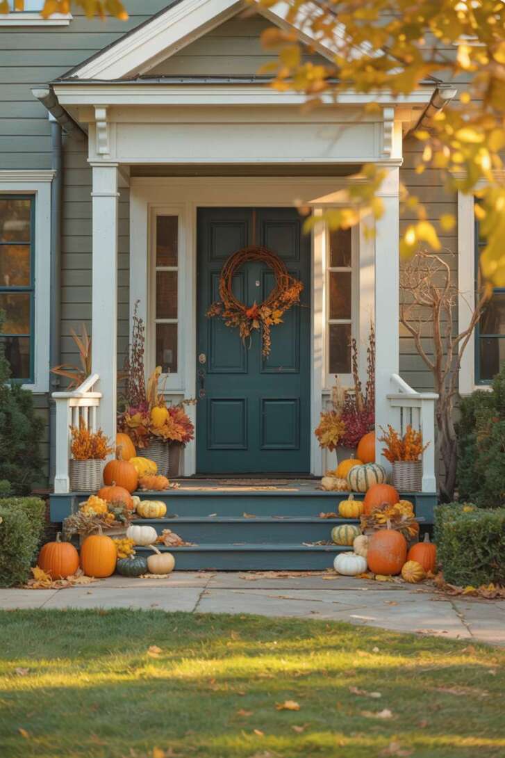 Fall front porch with teal door, woven wreath with dried leaves and berries, pumpkins and gourds on steps and around doorway
