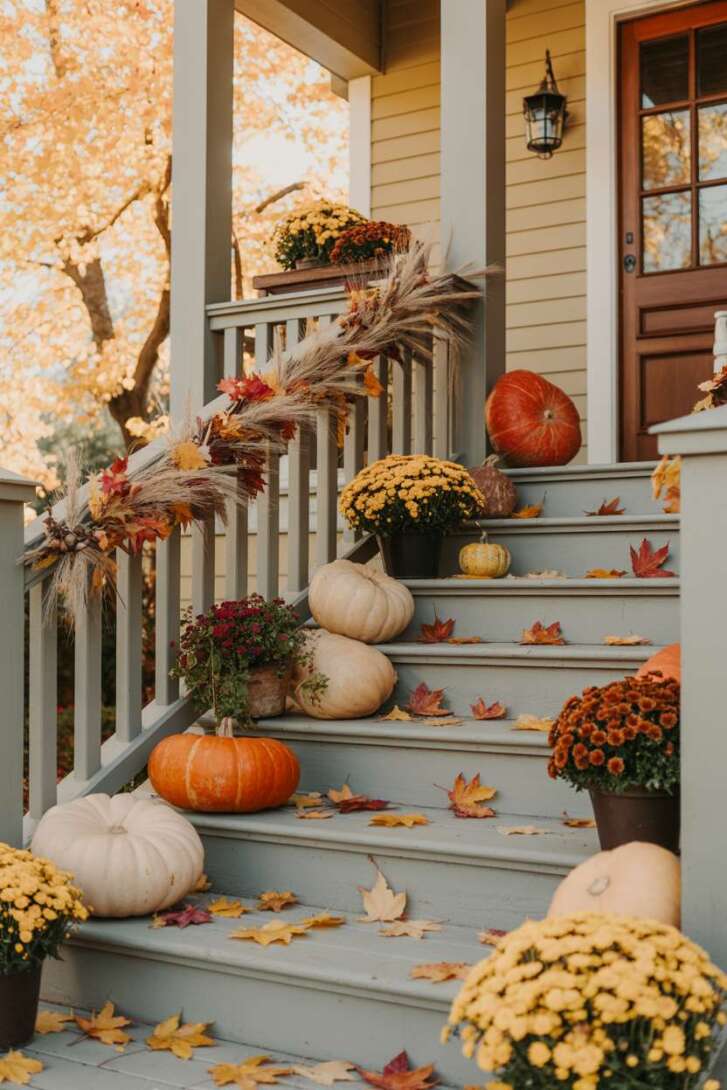 Two-story home front porch with wooden staircase, scattered maple leaves on steps, wheat garland on railing, large pumpkins and potted mums