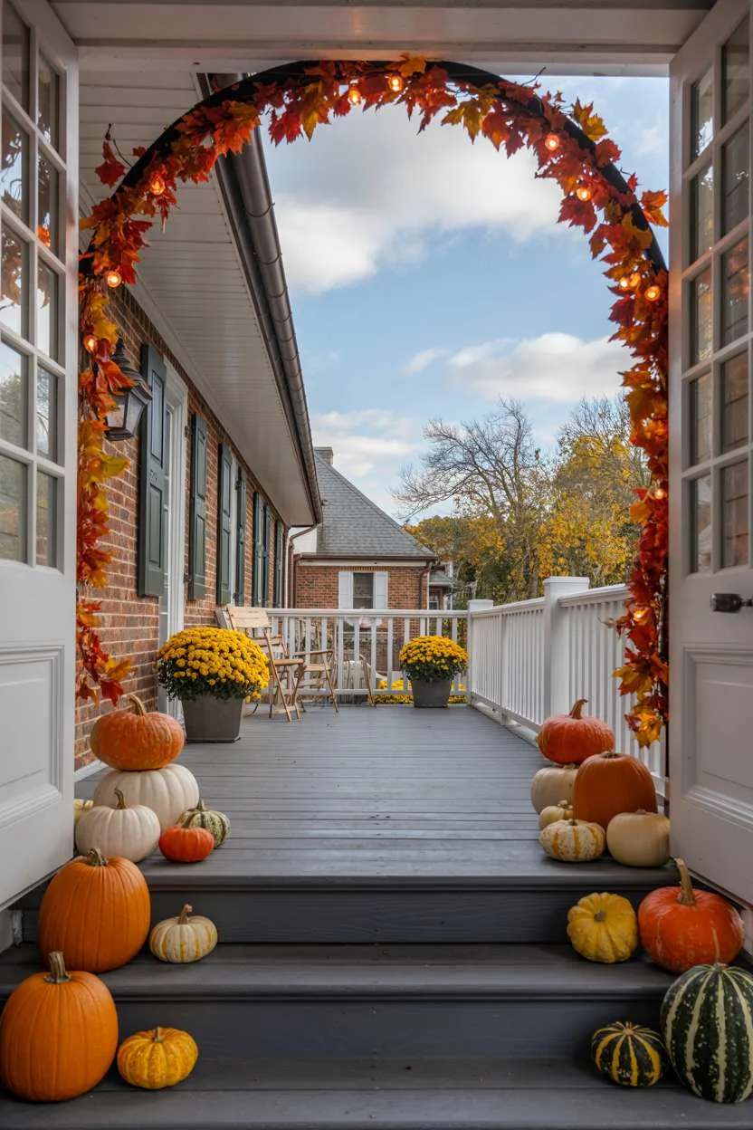 19 Gorgeous Fall Front Porch Decor Ideas to Welcome Guests 19 Fall front porch with pumpkins and gourds on steps and railing, colorful fall leaf garland with warm fairy lights around arched doorway