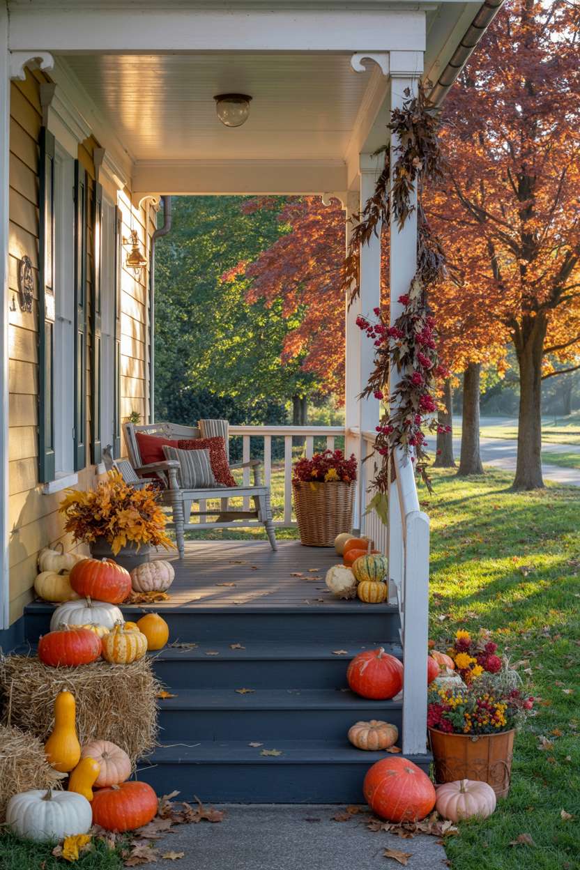 A fall front porch decor