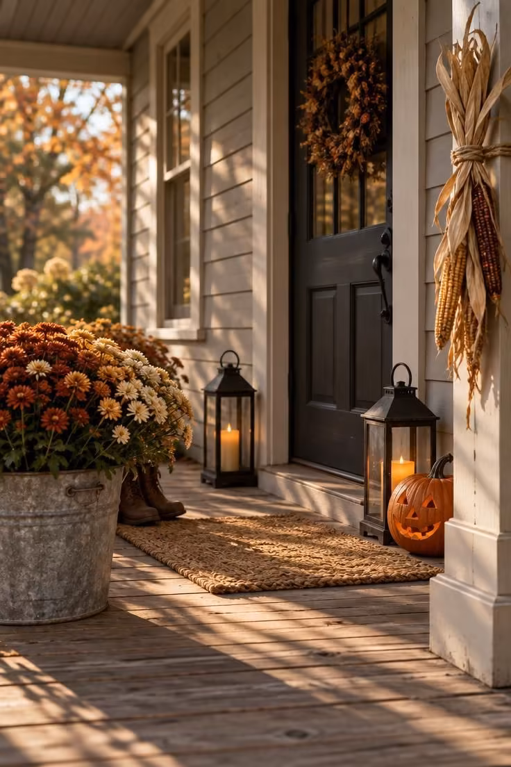 15 Cozy Fall Halloween Decor Ideas for a Warm October 1 A fall front porch with mums in a galvanized bucket, two dark lanterns, and one carved pumpkin on the step.