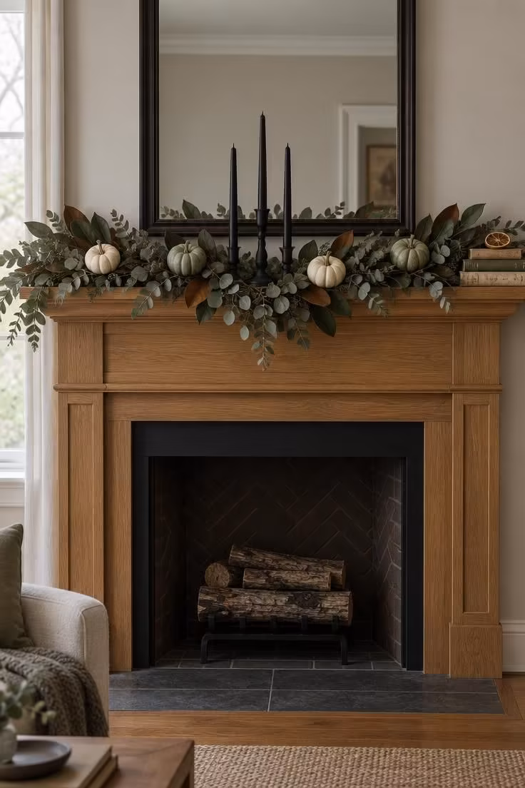 15 Cozy Fall Halloween Decor Ideas for a Warm October 2 A dried botanical garland draped across a mantel with small pumpkins and three black taper candles in front of a dark-framed mirror.
