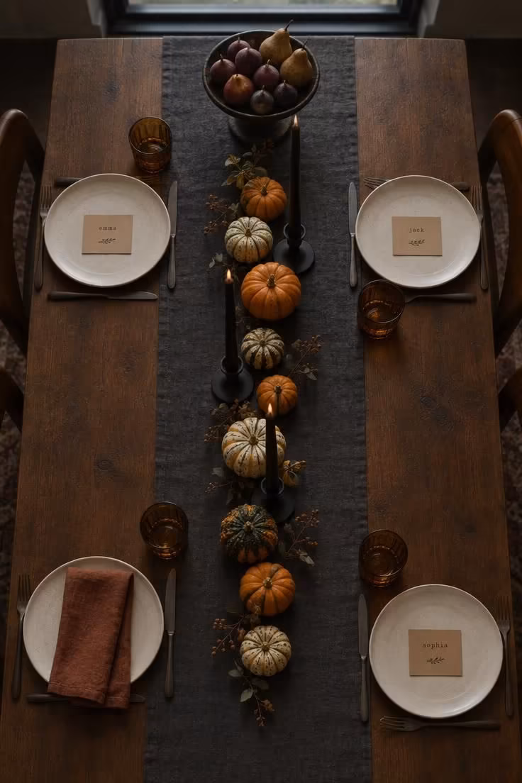 15 Cozy Fall Halloween Decor Ideas for a Warm October 3 An overhead view of a long dining table with a charcoal runner, a line of gourds, dark taper candles, and cream plates at four settings.