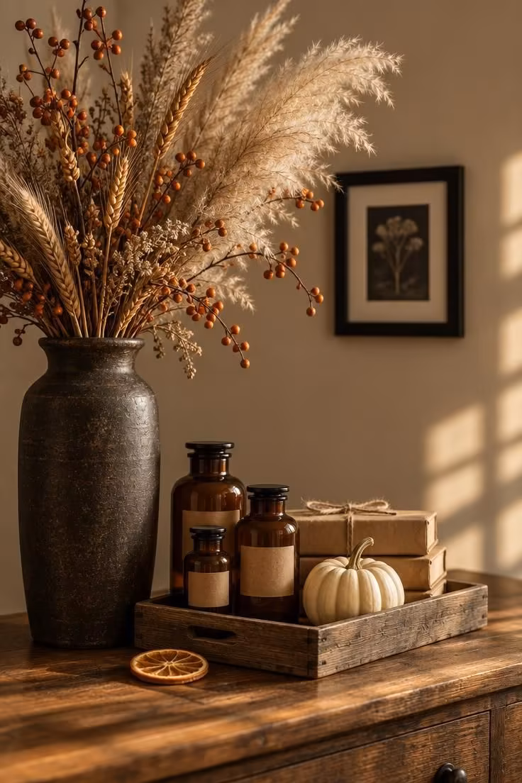 15 Cozy Fall Halloween Decor Ideas for a Warm October 4 A console vignette with dried pampas and wheat in a dark vase, amber apothecary bottles on a tray, and a small cream pumpkin.