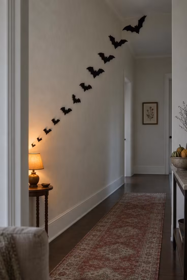 15 Cozy Fall Halloween Decor Ideas for a Warm October 5 A rising row of matte black bat silhouettes arcs up a pale hallway wall from a low amber lamp toward the ceiling.