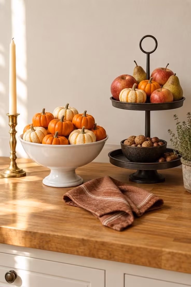 15 Cozy Fall Halloween Decor Ideas for a Warm October 6 A kitchen counter with mini pumpkins clustered in a white footed bowl beside a two-tier stand of fruit and gourds.