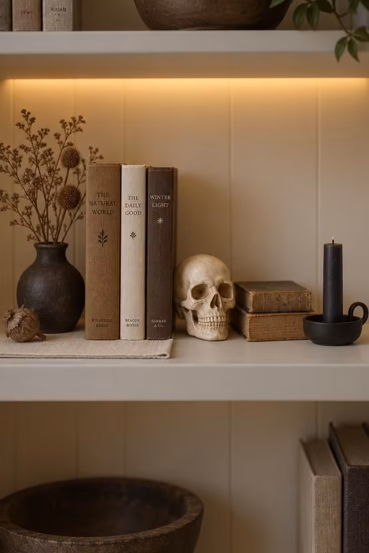 15 Cozy Fall Halloween Decor Ideas for a Warm October 7 A single shelf vignette with a dark vase of dried stems, brown and cream books, a bone ceramic skull, and one low black candle.