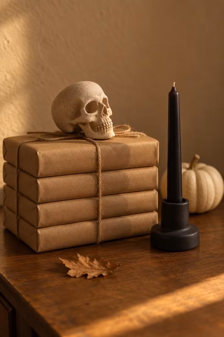 15 Cozy Fall Halloween Decor Ideas for a Warm October 8 A stack of kraft-paper-wrapped books topped with a small ceramic skull beside a black taper and cream pumpkin.