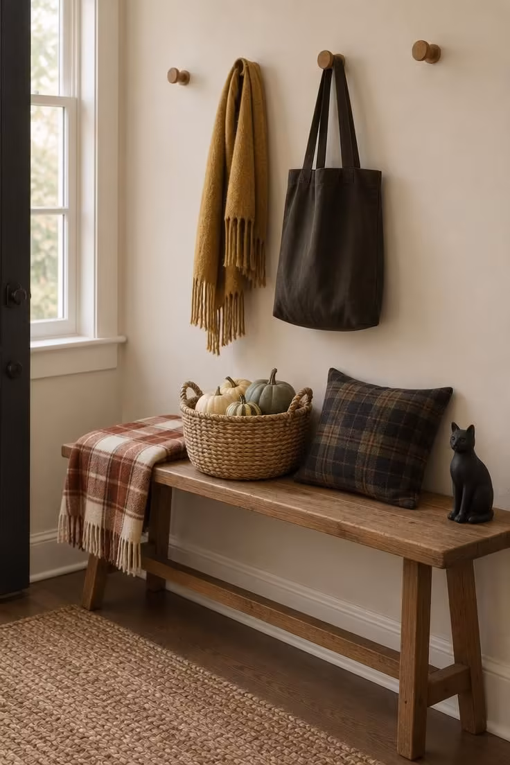15 Cozy Fall Halloween Decor Ideas for a Warm October 9 A wood entryway bench with a woven basket of pale gourds, a plaid throw, and a single small black cat figurine.