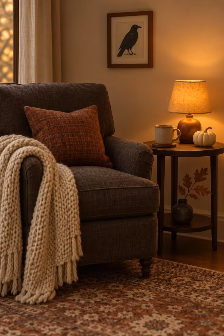 15 Cozy Fall Halloween Decor Ideas for a Warm October 10 A living room corner with a knit throw on a charcoal armchair, an amber lamp, and a raven print above.