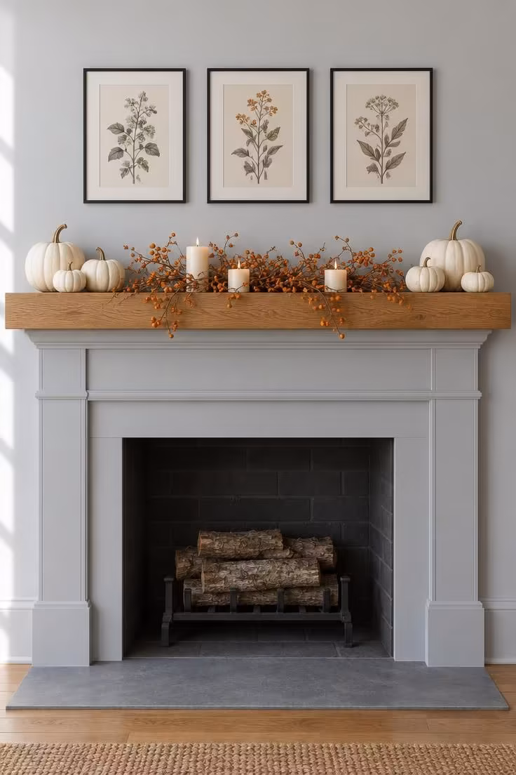 15 Cozy Fall Halloween Decor Ideas for a Warm October 11 A mantel with cream pumpkins at both ends, dried bittersweet in the middle, and three thin black frames above.