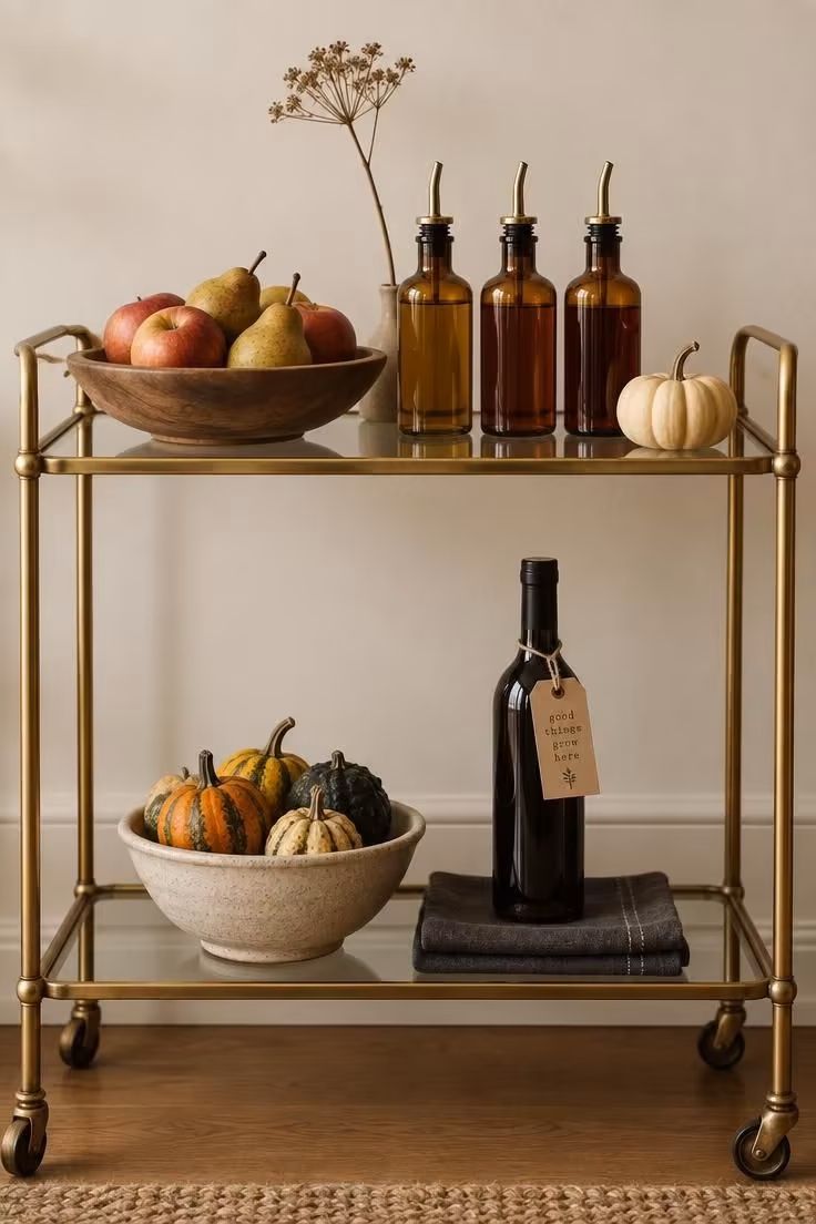 15 Cozy Fall Halloween Decor Ideas for a Warm October 12 A brass bar cart with fruit and amber bottles on top, mini gourds and a dark tagged bottle on the bottom tier.
