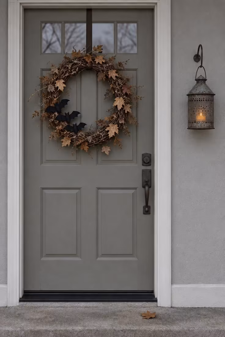 15 Cozy Fall Halloween Decor Ideas for a Warm October 13 A front door with a dried grapevine wreath, small black bats in one corner, and an aged tin lantern beside it.