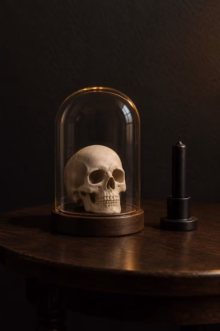 15 Cozy Fall Halloween Decor Ideas for a Warm October 14 A clear glass cloche on a wood base covering a small bone ceramic skull beside a short matte black taper.