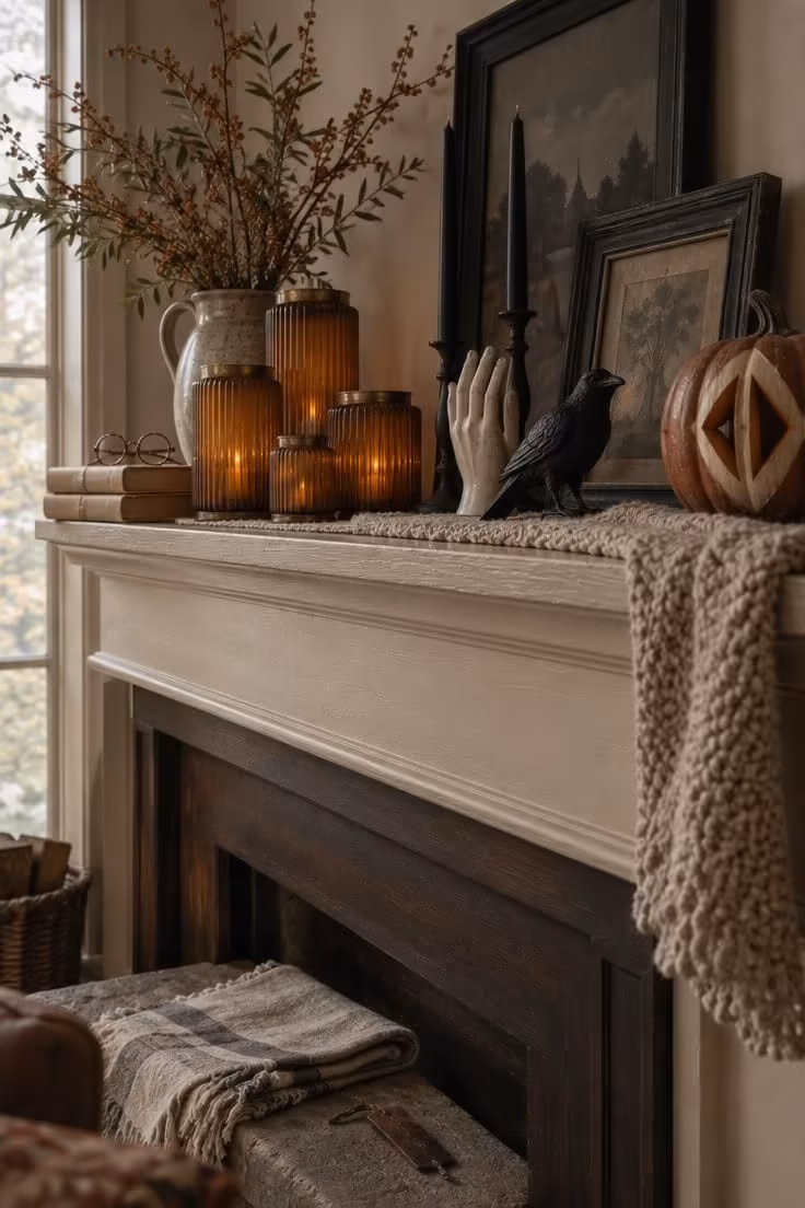 15 Cozy Fall Halloween Decor Ideas for a Warm October 15 A cream fireplace mantel styled for Halloween with three amber glass lanterns, black taper holders, a bone ceramic hand, dried olive stems, and a small carved pumpkin in rust and cream tones.