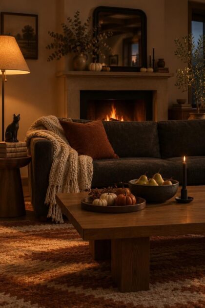 15 Cozy Fall Halloween Decor Ideas for a Warm October A warm dusk living room with a coffee table tray of pumpkins, a knit throw on a charcoal sofa, and a mantel dressed with dried eucalyptus and cream mini pumpkins.