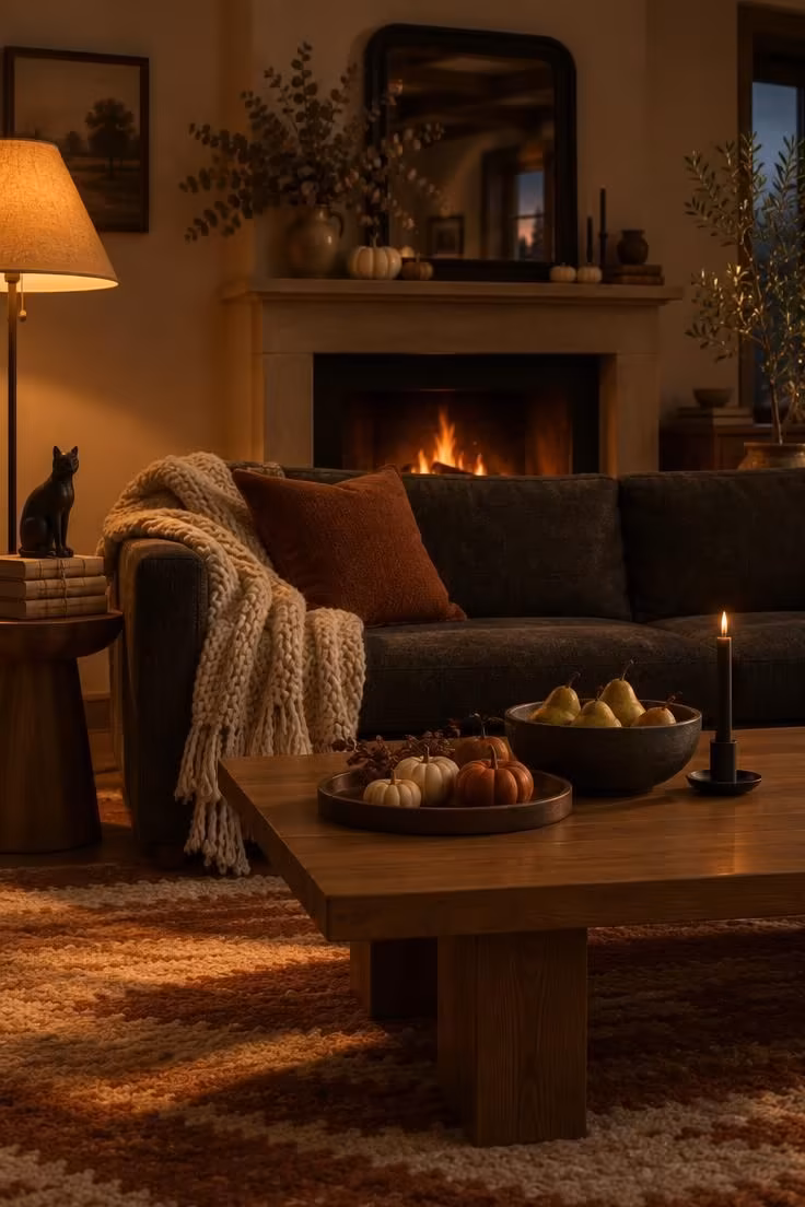 Simple Spaces 14 A warm dusk living room with a coffee table tray of pumpkins, a knit throw on a charcoal sofa, and a mantel dressed with dried eucalyptus and cream mini pumpkins.
