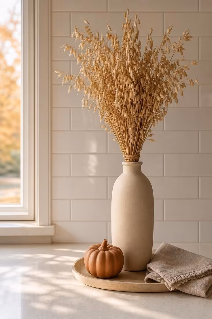 Tall matte sand ceramic vase holding dried oat stalks beside a low terracotta pumpkin on a wooden tray against a white tile backsplash.