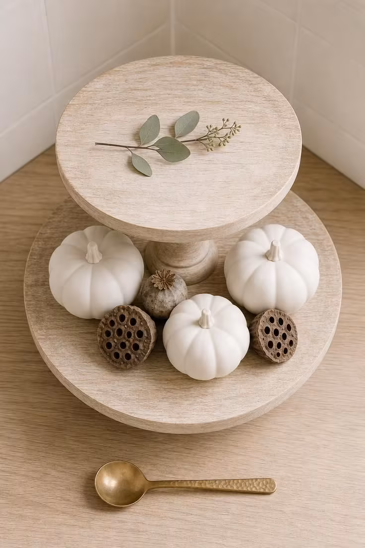 Overhead view of a light-washed wooden cake stand holding white pumpkins, dried seed pods, and eucalyptus on a pale countertop.