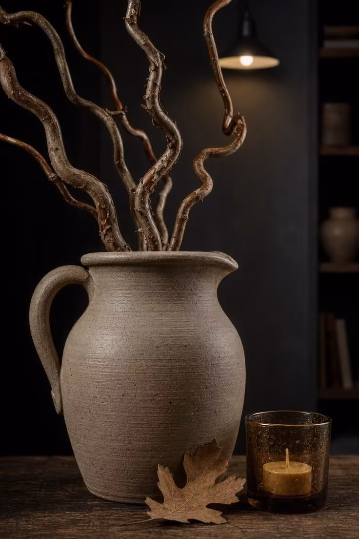 Close-up of a raw greige stoneware pitcher with curly willow branches and a small amber glass votive on a dark counter.