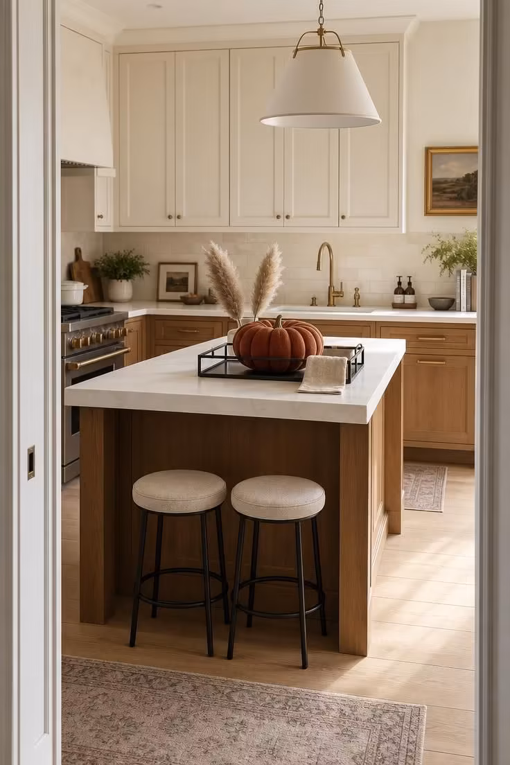 A black metal and smoked glass tray with a Cinderella pumpkin, pampas grass, and linen towel centered on a kitchen island in bright daylight.
