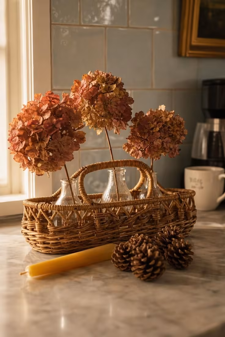 Woven rattan bottle basket with dried rust hydrangeas, pinecones, and a beeswax taper against a blue tiled backsplash.