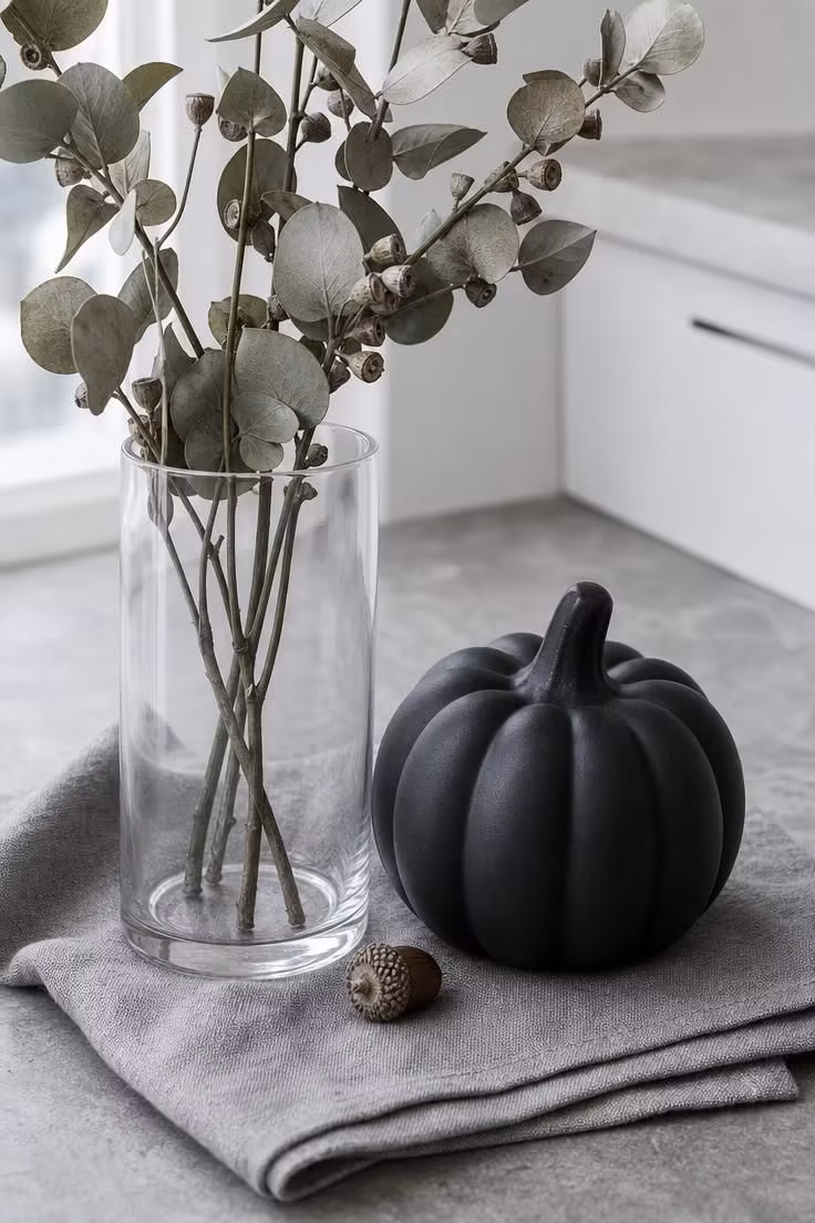 Clear glass cylinder with dried eucalyptus beside a matte black pumpkin and small acorn on a cool grey napkin.