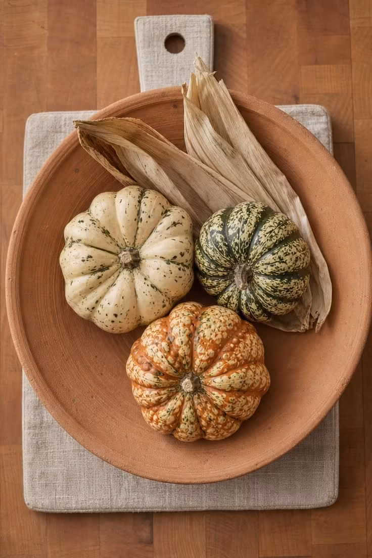 Overhead view of a hand-thrown terracotta bowl with speckled gourds, dried corn husks, and a linen board on butcher block.