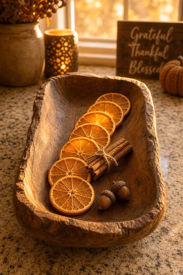 Raw wood dough bowl with dried orange slices, cinnamon stick bundle, and acorns on a light granite peninsula.