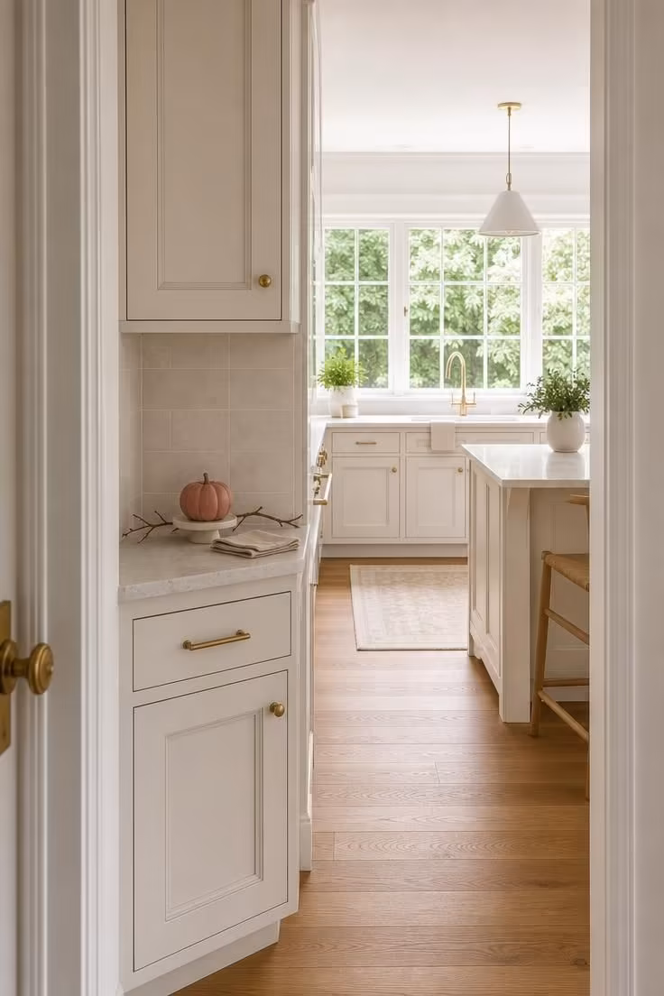 White marble pedestal with a dusty rose ceramic pumpkin and bare branch in a bright kitchen corner.
