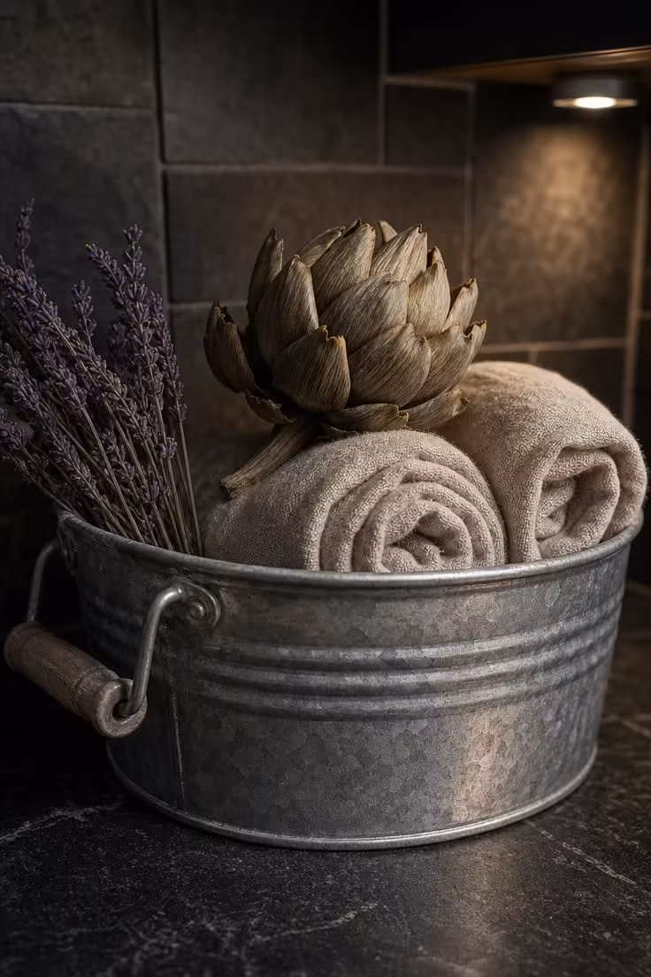 Galvanized beverage tub with rolled linen towels, dried artichoke, and lavender sprigs on a dark soapstone counter.