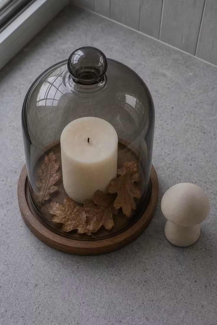 Smoked glass cloche over a cream pillar candle and dried oak leaves with a ceramic mushroom on a grey counter.