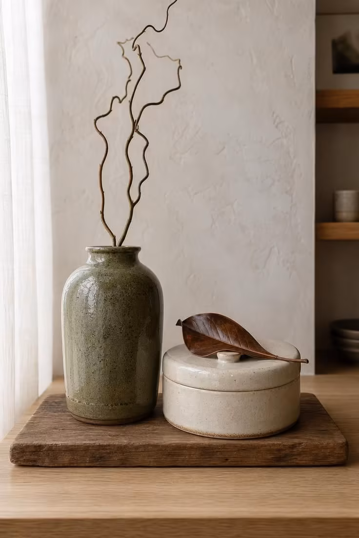 Moss green stoneware vase and cream lidded jar with curly willow and a dried magnolia leaf on a small wooden board.
