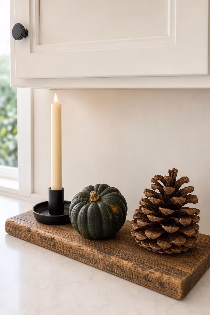 Reclaimed pine board with a flameless taper, mini acorn squash, and dried pinecone under a kitchen cabinet.